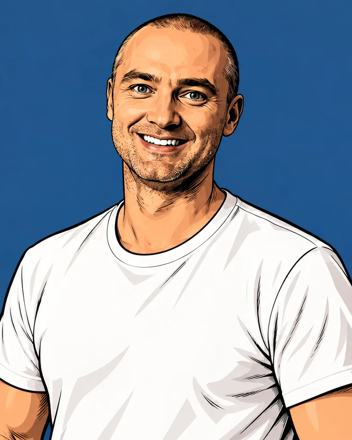 Martin Abgottspon als Comic-Illustration, lächelnd, im weissen T-Shirt vor blauem Hintergrund